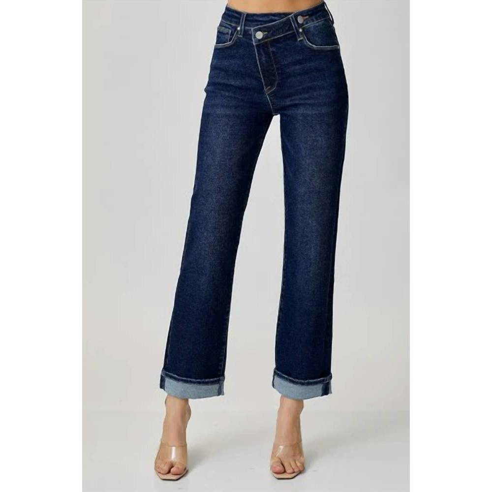 RISEN mid rise cross over straight leg jeans in MEDIUM blue